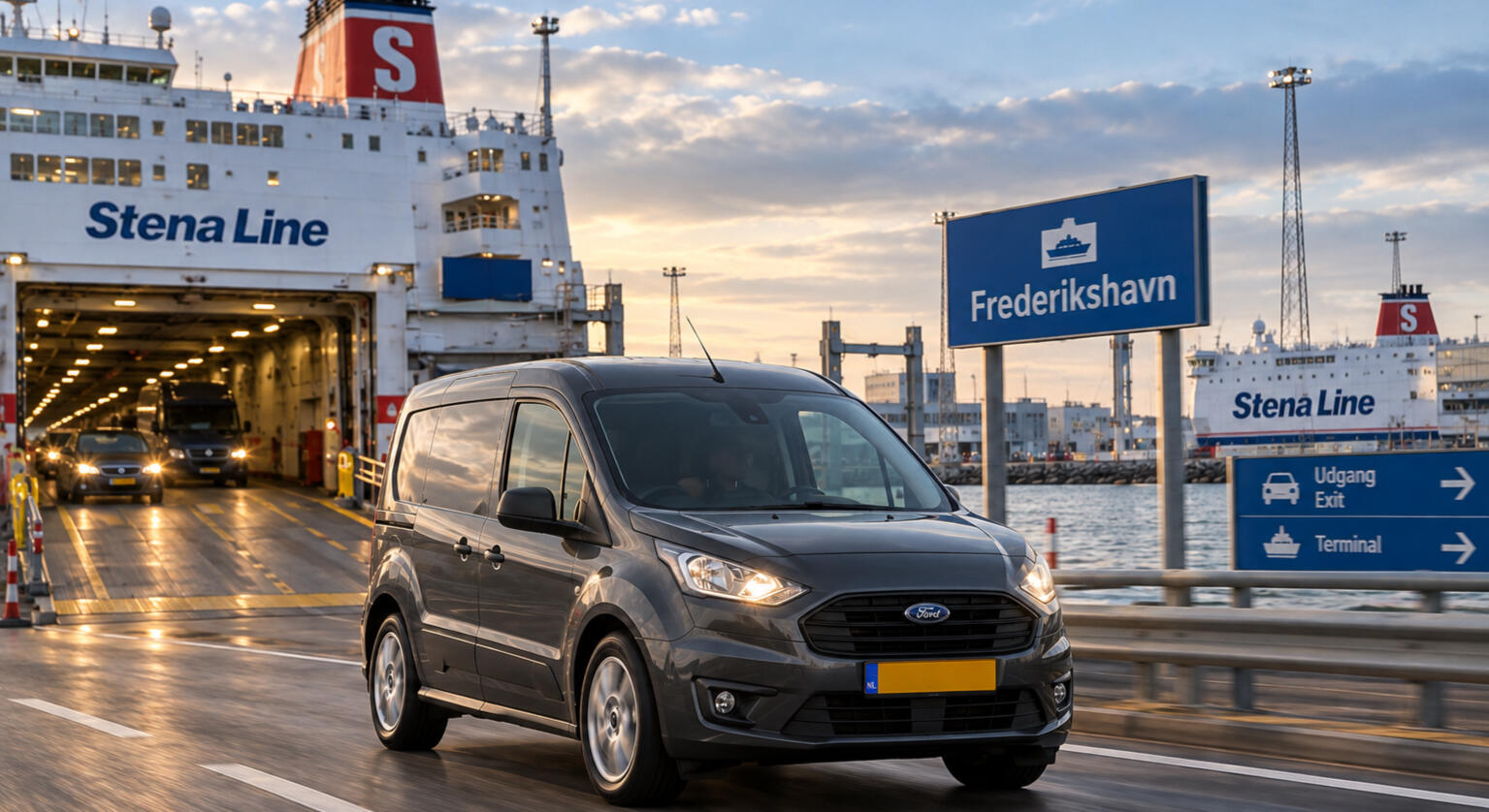 europe-courier-stena-line-ferry-frederikshavn-denmark courier van disembarking the Stena Line ferry in Denmark at the port of Frederikshavn for direct European transport.
