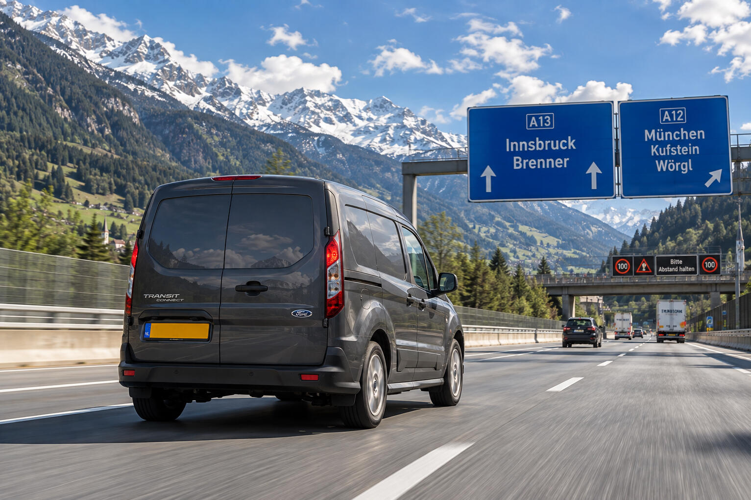 europe courier on highway My dark grey Ford Transit Connect van on a European highway through the Alps, heading toward Innsbruck and Munich.